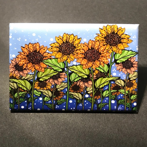Psychedelic Sunflower Field Art Magnet Handmade Midwest Floral Decor Gifts 2x3" - Picture 1 of 7